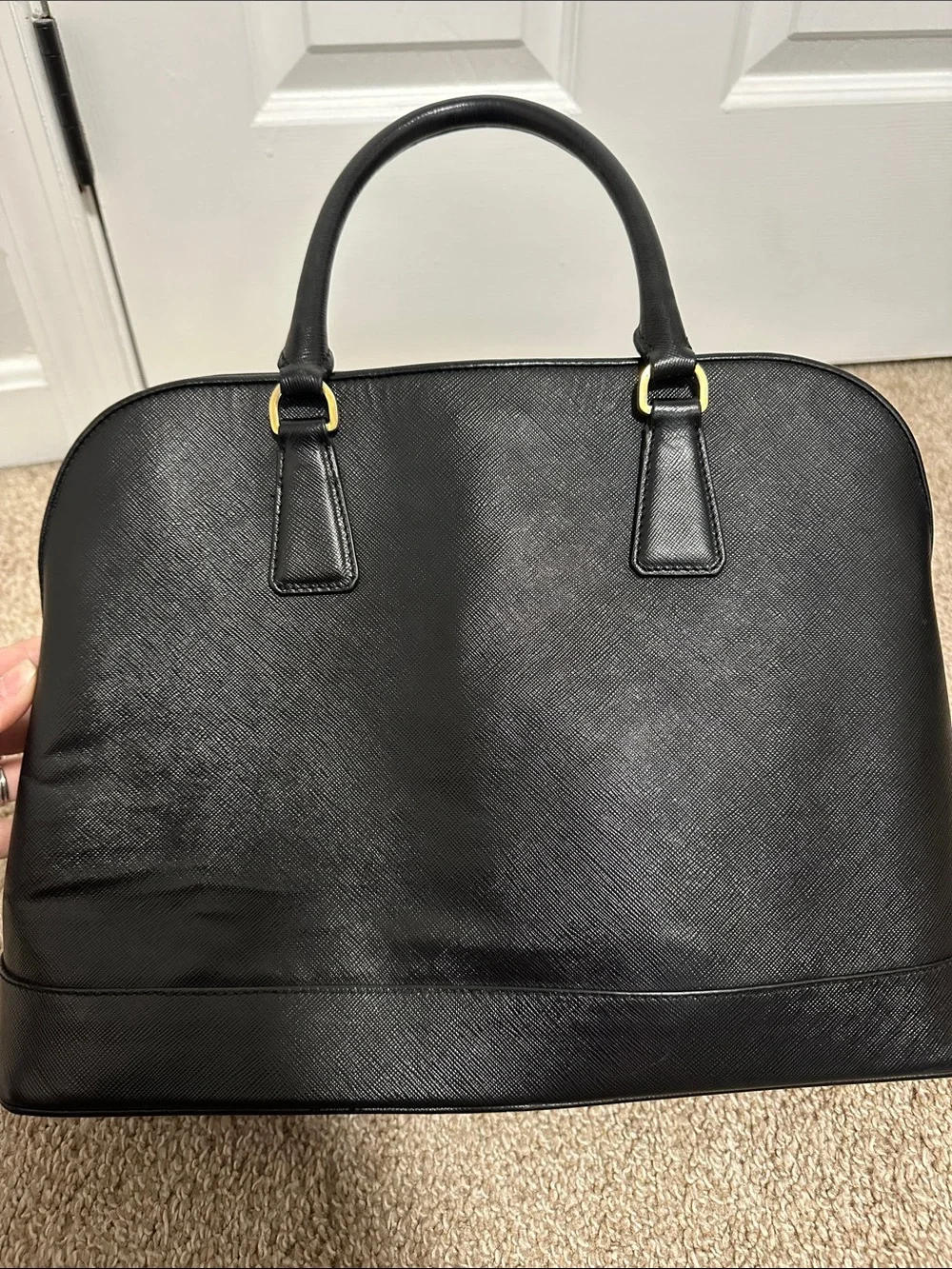 Prada Black Saffiano Leather Promenade Dome Satchel Handbag with Gold Hardware